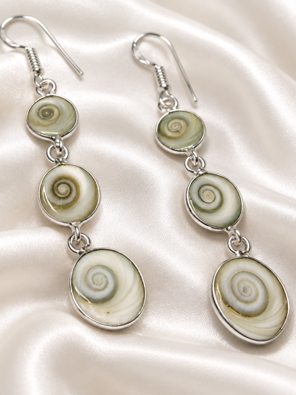Silver Triple Spiral Shiva Eye Drop Earrings 1 1/2” long (29)